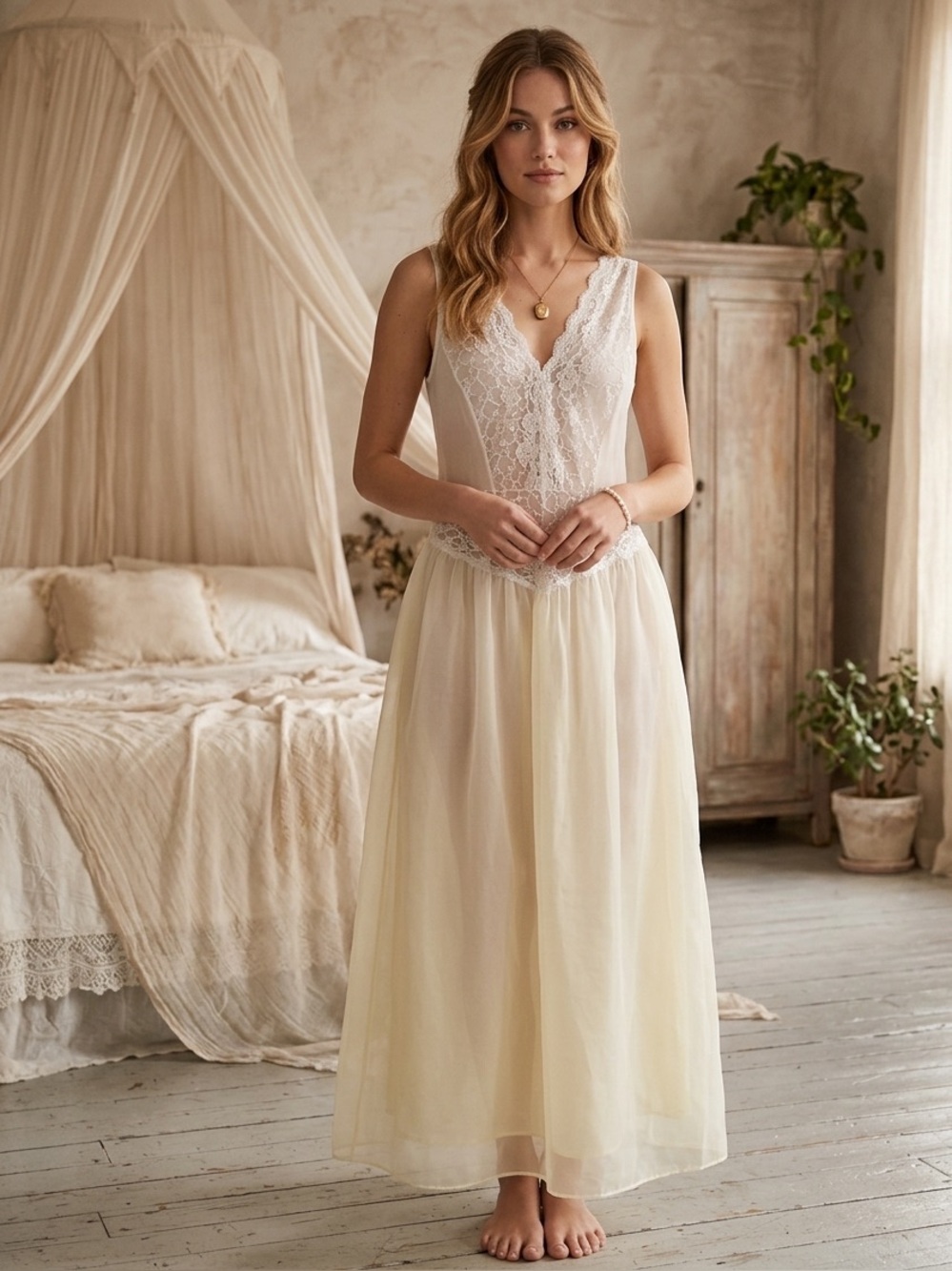 Vintage Elegant White Lace/Tulle Nightgown Evening Dress with Tulle Petticoat